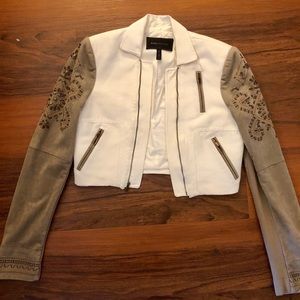 White & Brown Suede Cropped Jacket w Embroidery